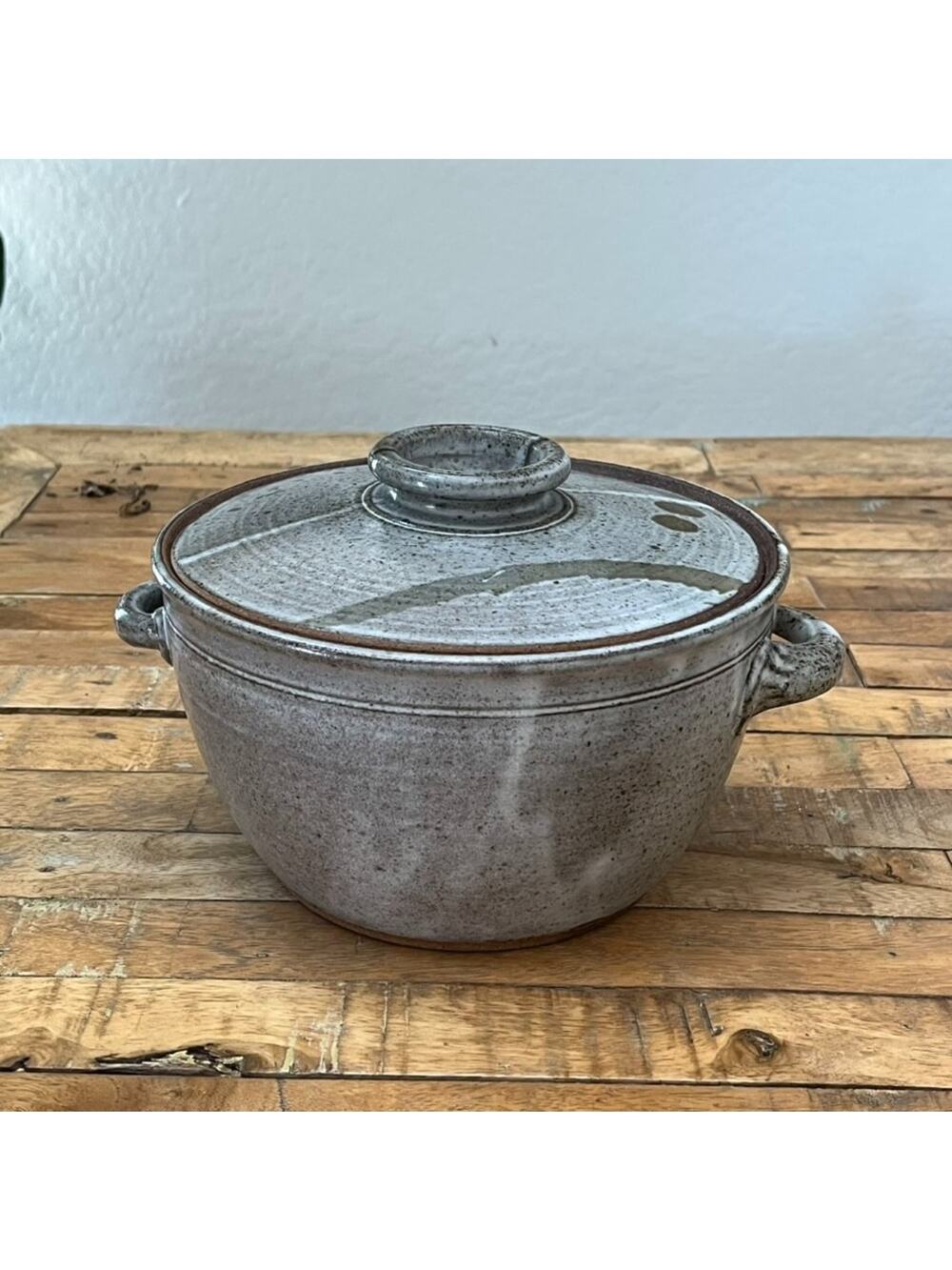 Studio Pottery Lidded Casserole Dish 8.5" w/ Handles Rustic Speckled Gray Glaze
